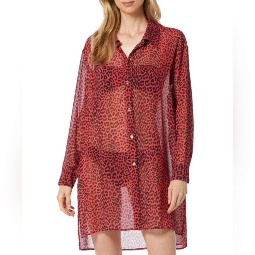 Michael Kors Women's Swim Coverup Size M Shirt Dress Sheer Collared Sea Coral